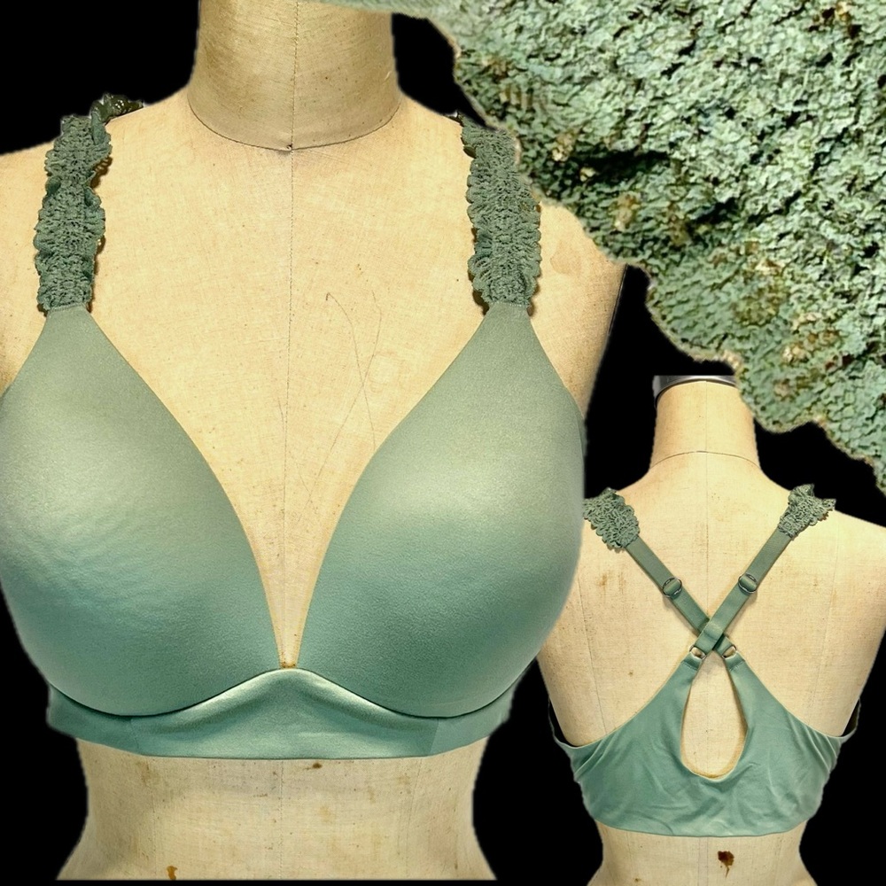 Aerie Real Sunnie wireless bra sage green wide ruffle lace strap cross back 38C
